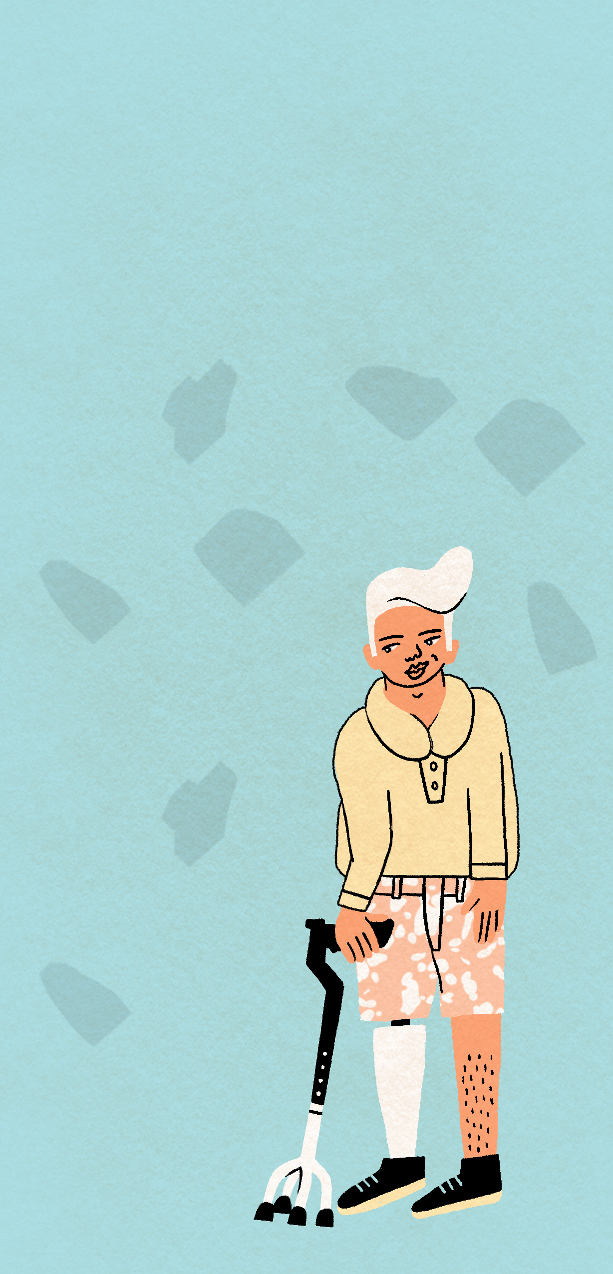 Die Illustration zeigt einen weißhaarigen Mann mit einer Krücke und einer Beinprothese.
