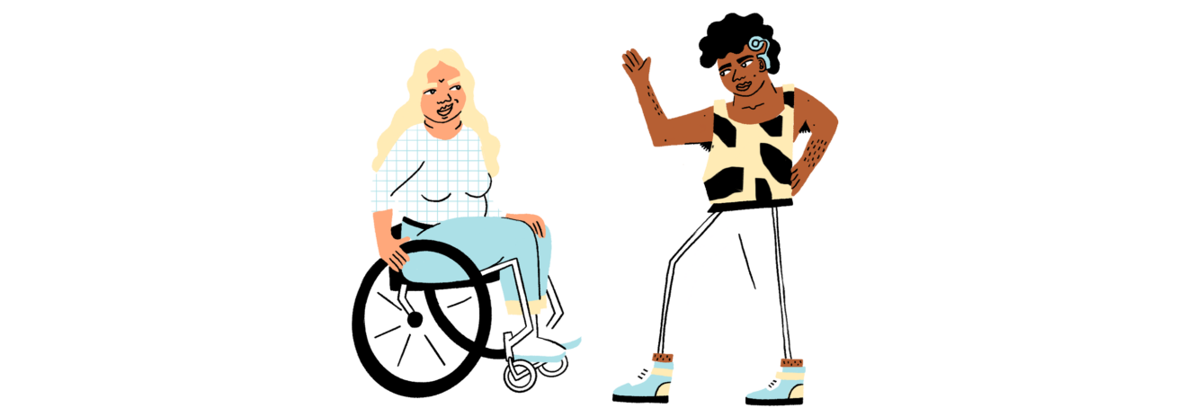 Die Illustration zeigt linksseitig eine ältere Rollstuhlfahrerin und rechtsseitig einen jungen dunkelhäutigen Mann mit Hörgerät. Beide stehen sich lächelnd gegenüber, der junge Mann hebt grüßend die Hand.