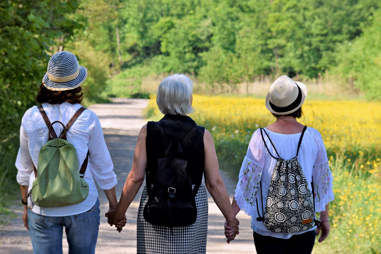 Das Bild zeigt 3 wandernde Frauen von hinten