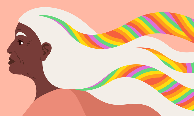 Concept vector illustration for LGBTQ+ rights, gender equity, human rights, equality, against violence, homophobia. Profile of proud old African, Afroamerican woman. Rainbow in her hair an positive look to the future.