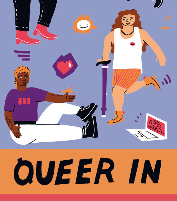 Flyer für das Queer In: Vier Personen sind zu sehen. Eine ältere weiblich gelesene Person mit weißen Locken, die in Gebärden spricht, eine Person of Color im Schneidersitz mit hochgebundenen Haaren, eine weiße Person mit Gehhilfe und langen braungelockten Haaren und eine Schwarze Person mit kurzem orangen Haar, die sitzt und mit einem Hand-Flip spielt. Dazwischen Objekte und Bilder wie eine lächelnde Sonne, ein Laptop, eine sich freuende Avocado.